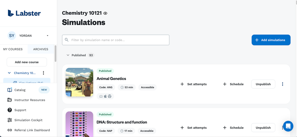 Labster app dashboard displaying virtual science simulations like animal genetics and dna structure