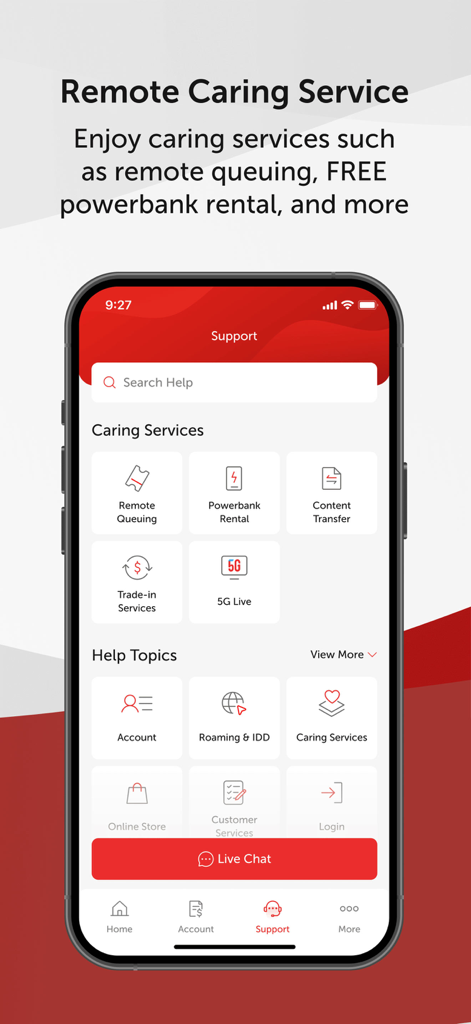 Support page of the SmarTone CARE app showing remote queuing and live chat options