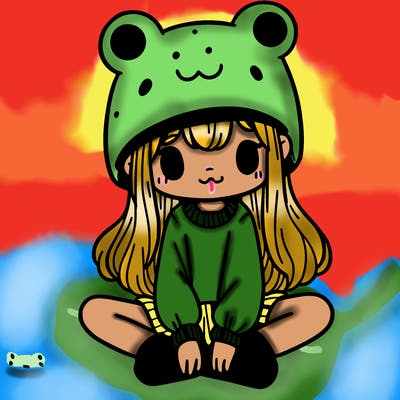 a girl wearing a frog hat and some frog socks