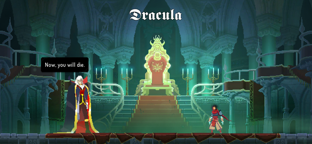 Dead Cells: Netflix Edition - Drácula sentado em seu trono confrontando o jogador em Dead Cells Netflix Edition