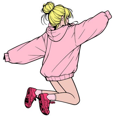 realistic girl jumping with a bun and oversized sweatshirt