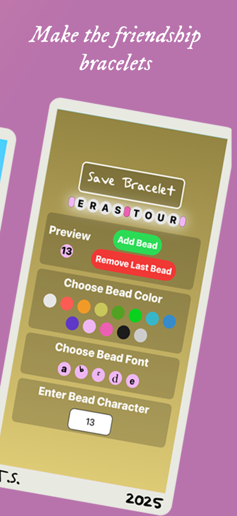 Swiftie Swipe - A mobile interface for designing custom digital friendship bracelets with bead colors and font selections
