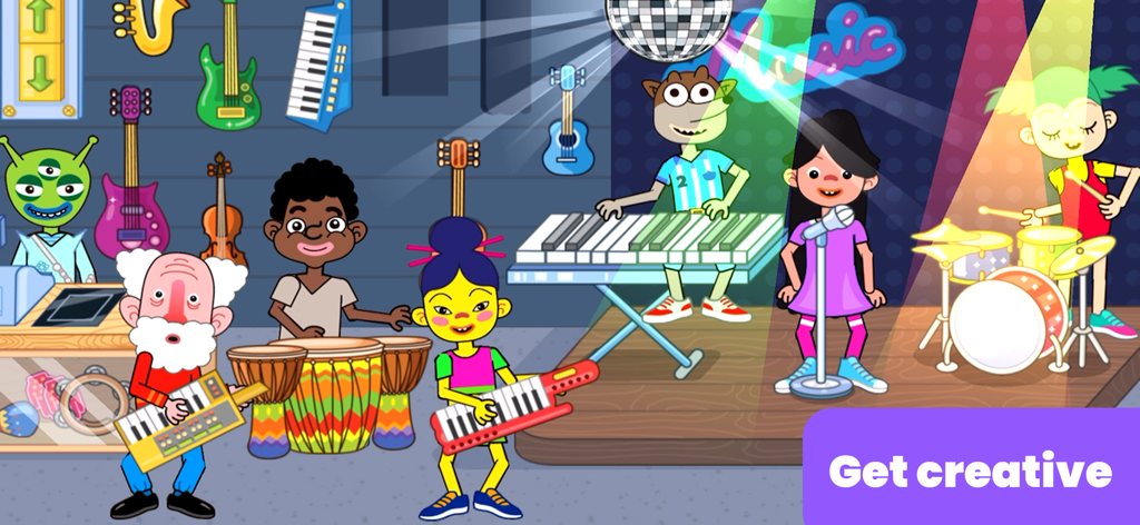 Diverse cartoon characters playing musical instruments on a stage with disco lights