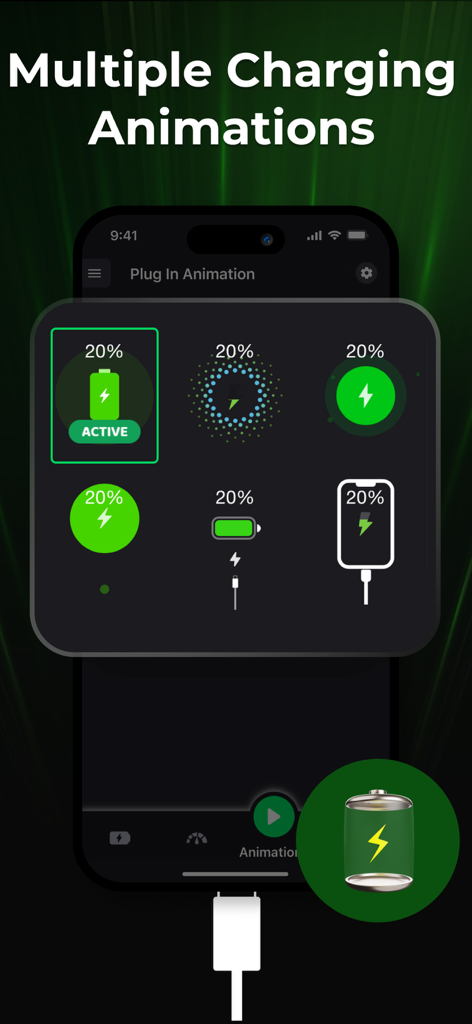 Battery Life Status, Saver - A selection of different battery charging animation styles on an iPhone screen