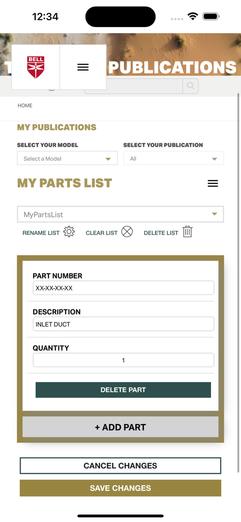 Bell TechPubs - Interfaz de la aplicación Bell TechPubs que muestra la sección Mi Lista de Piezas para el mantenimiento de helicópteros