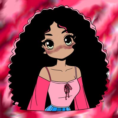 a black anime girl with long afro hair