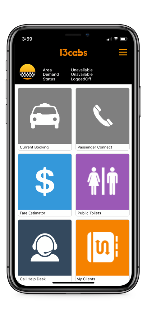Main dashboard of the 13CABS Driver app featuring functional icons for bookings, fare estimator, and help desk support.