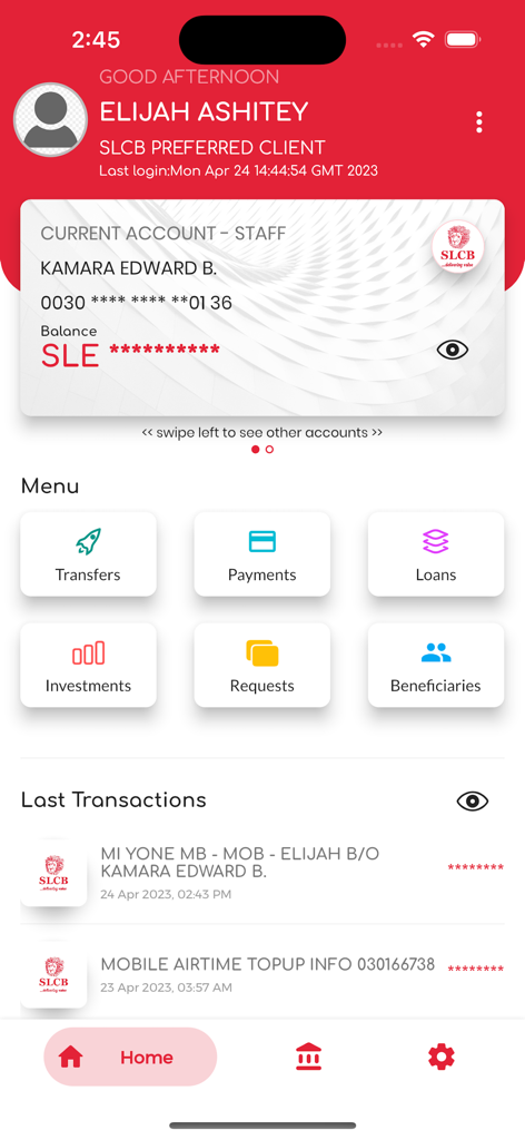 SLCB - Dashboard of the SLCB mobile banking app showing account balance and menu for transfers and payments