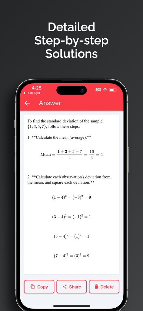 Statistics Solver: Stat AI - iPhone screen showing a detailed step-by-step statistical solution for mean and standard deviation