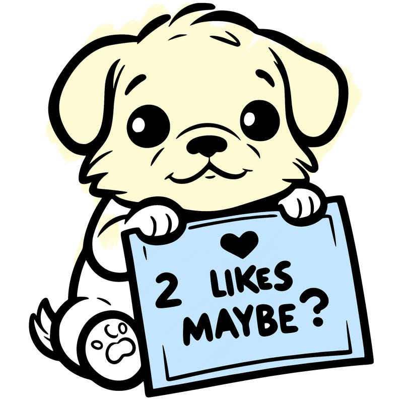 a puppy holding a sign that says 2 likes maybe?