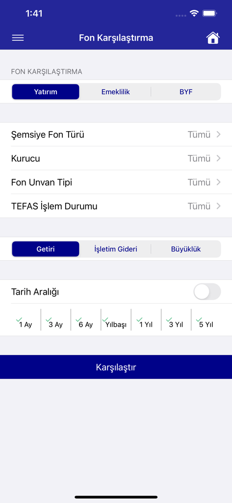 Takasbank TEFAS mobile app fund comparison screen