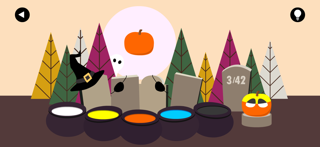 Boo! - Un nivel de rompecabezas minimalista con temática de Halloween en la aplicación Boo que presenta una calabaza y calderos de pintura de colores