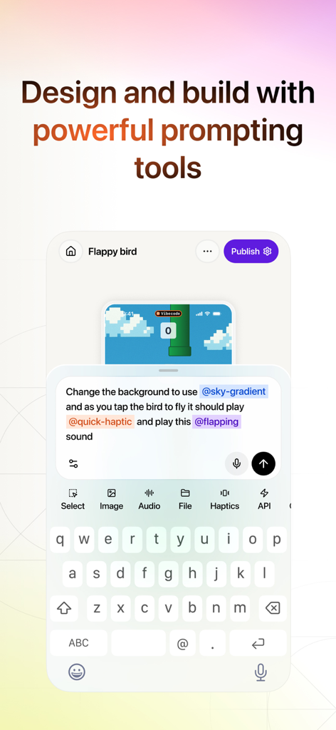 Vibecode - AI App Builder - Interfaz de la aplicación móvil Vibecode mostrando herramientas de prompts de IA para crear un juego