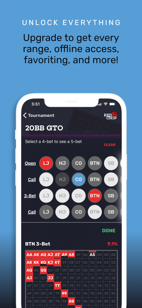 GTO Poker Ranges By Red Chip - Mobile app interface displaying a tournament 20BB GTO poker range chart