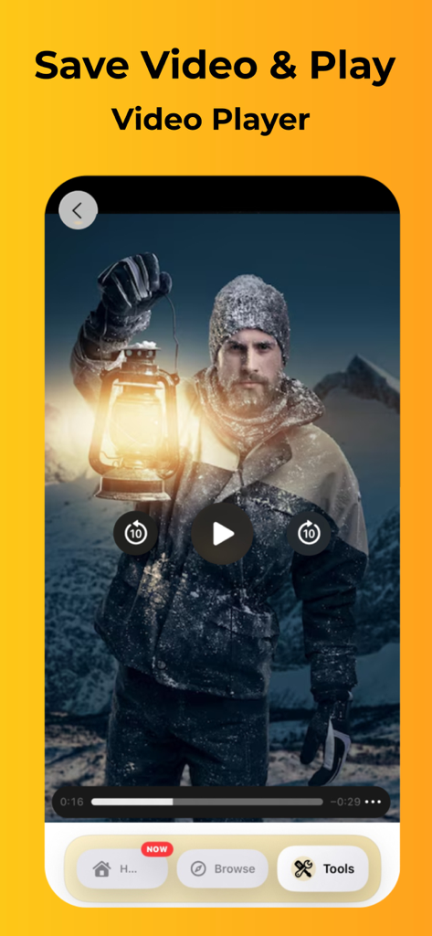 SnapTube : HD Videos Mp3 Music - SnapTube app video player interface showing playback controls over a video of a man in the snow