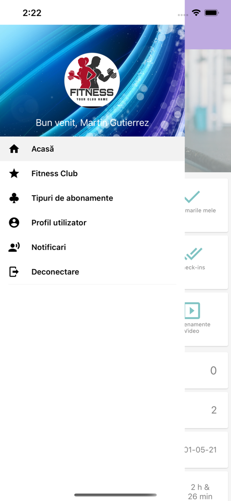 Menú de navegación lateral de la aplicación de fitness GMA que muestra opciones como Home Fitness Club y Perfil de Usuario