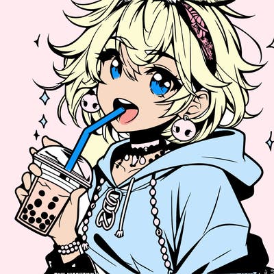 hot baddie anime girl drinking boba and biting the straw