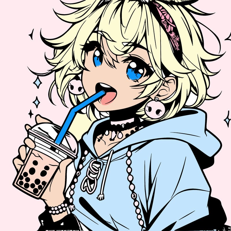 hot baddie anime girl drinking boba and biting the straw