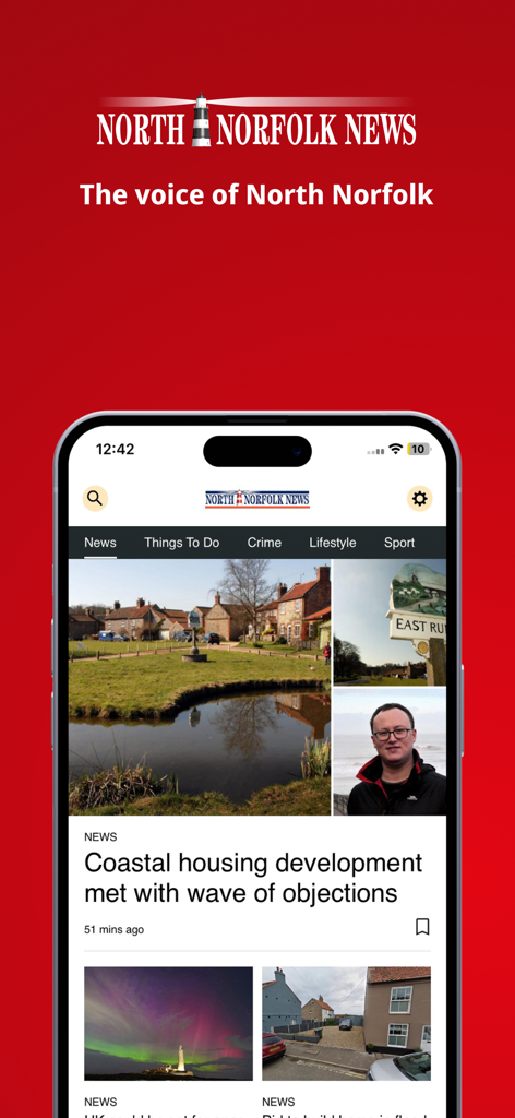 North Norfolk News - North Norfolk News app home screen showing local headlines and navigation categories