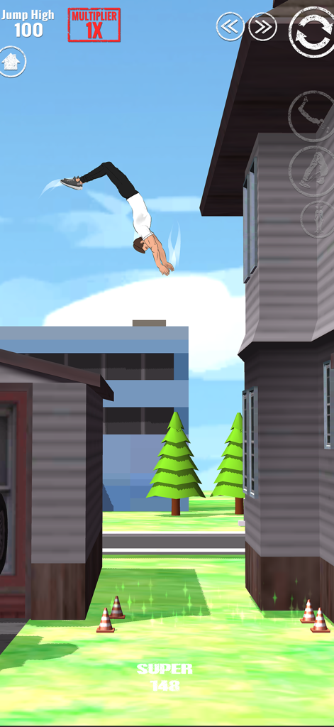 SWAGFLIP Parkour Origins - Um personagem realizando um salto mortal no ar entre duas casas suburbanas em um jogo de parkour