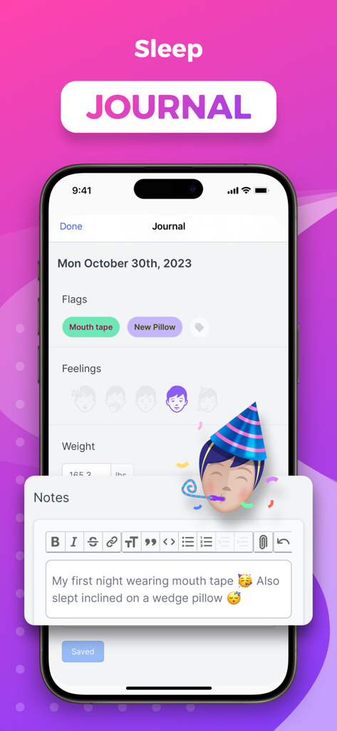SleepHQ - SleepHQ app sleep journal interface showing notes and habit tracking