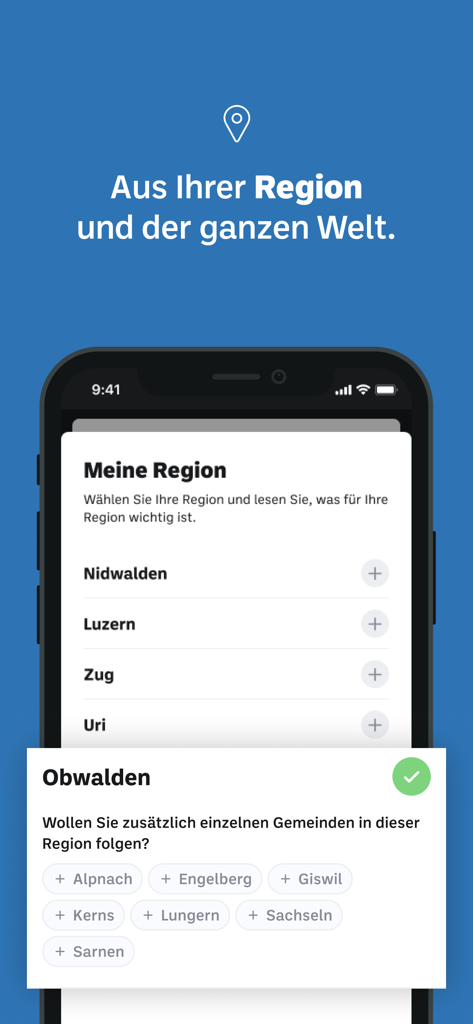 Obwaldner Zeitung - Obwaldner Zeitung mobile app interface for selecting local news regions and municipalities