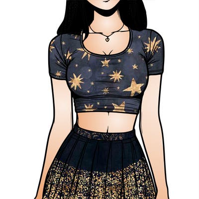realistic girl wearing crop top and skirt