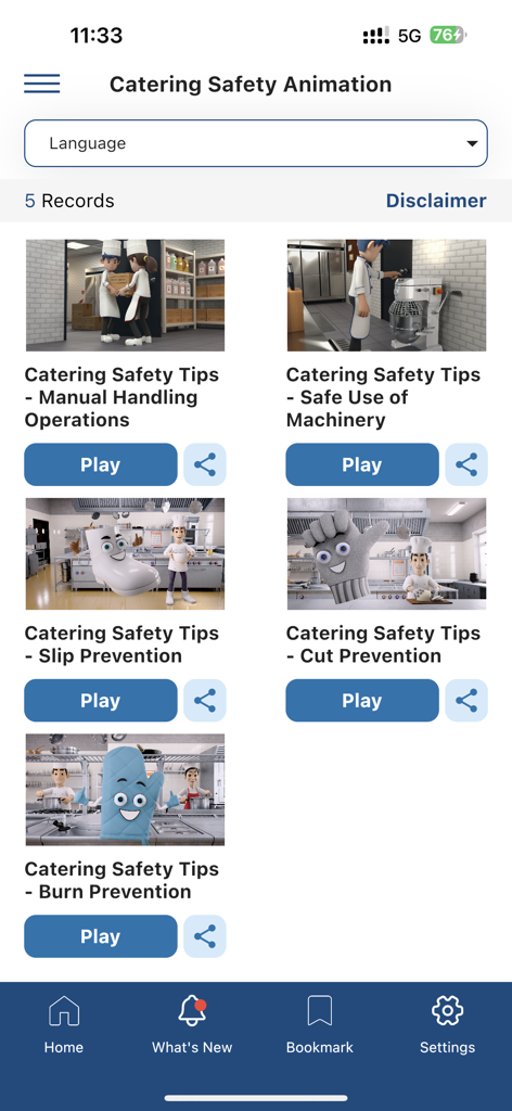 OSH 2.0 - Captura de pantalla de la sección Animaciones de Seguridad en Catering de la aplicación OSH 2.0 que muestra consejos en video para manipulación manual, uso de maquinaria y prevención de resbalones, cortes y quemaduras.