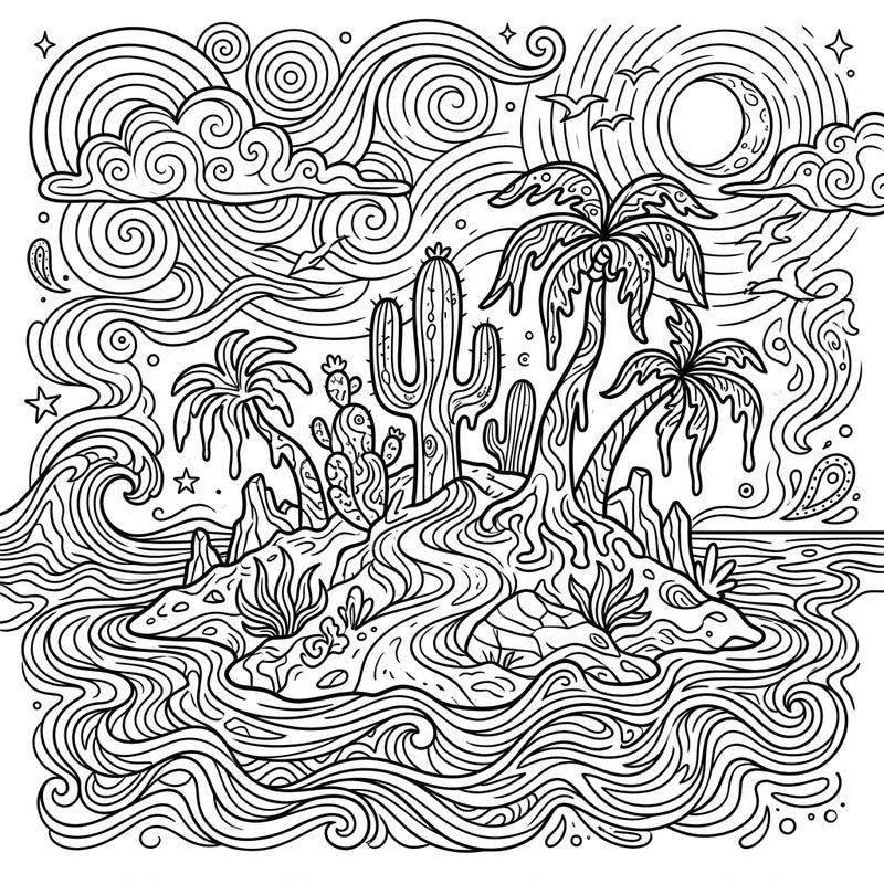 Discover a mesmerizing blend of arid landscapes and mind-bending art with this psychedelic desert island coloring page. Its intricate designs featuring palm trees, cacti, and swirling patterns offer a truly immersive and imaginative coloring experience.