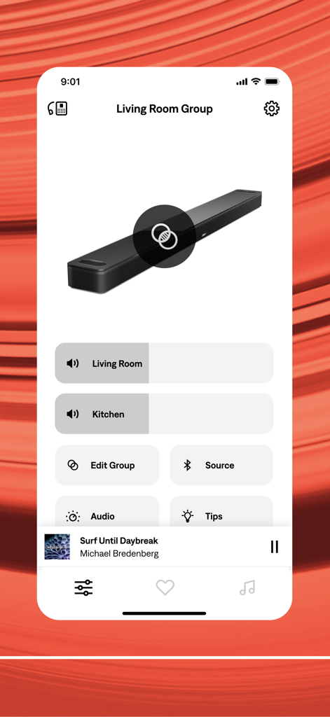 Bose app screen showing audio group controls for living room and kitchen speakers
