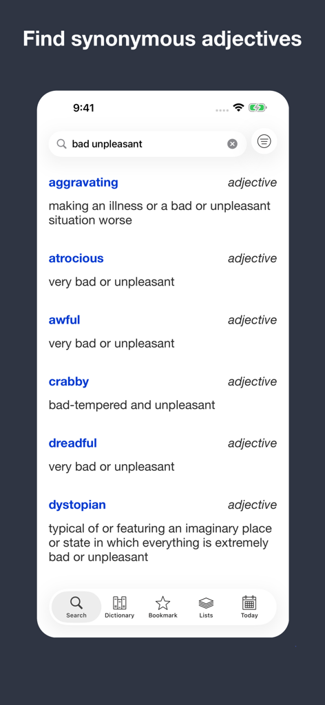 English Meaning Dictionary - Interface of the English Meaning Dictionary app showing synonyms for the words bad and unpleasant