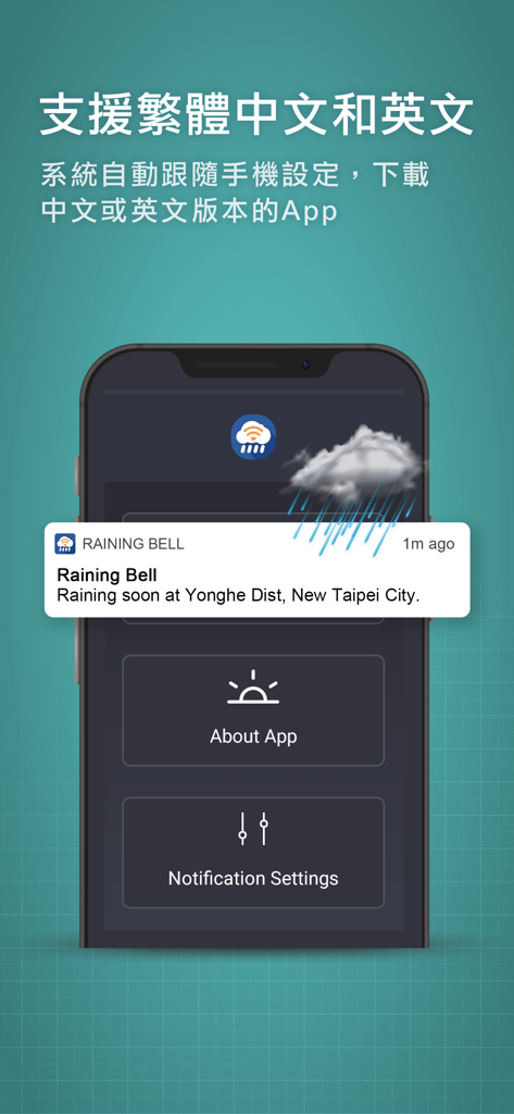 Ein Smartphone-Bildschirm zeigt eine Push-Benachrichtigung von der Raining Bell App, die Regen in New Taipei City vorhersagt, mit zweisprachigem Text darüber.