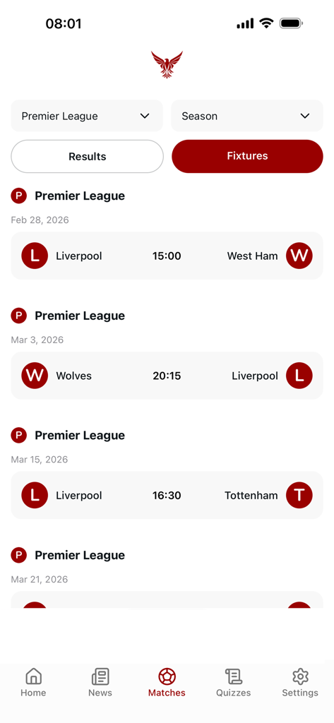 The Red Stand: Liverpool News - The Red Stand app screen showing upcoming Liverpool FC match fixtures and dates
