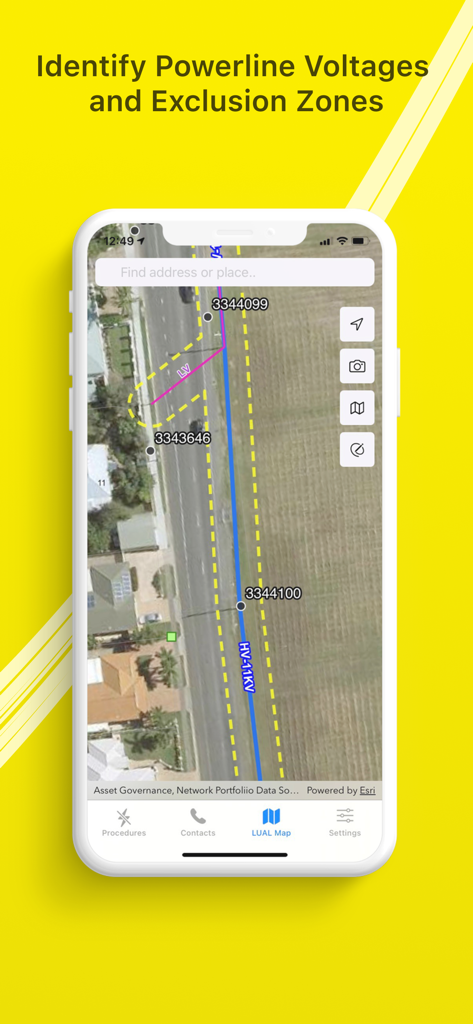 Look up and Live - Interactive map in the Look up and Live app showing powerline voltages and safety exclusion zones