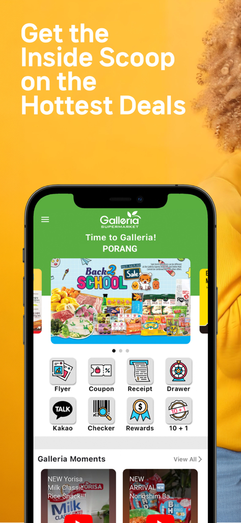 GalleriaSM - Schermata principale dell'app mobile Galleria Supermarket che mostra offerte di generi alimentari, coupon e icone di premi fedeltà
