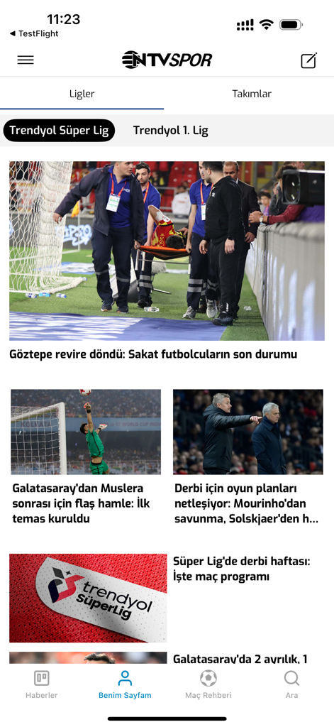 NTV Spor - Sporun Adresi - NTV Spor mobile app interface displaying a feed of Turkish sports news and football headlines.