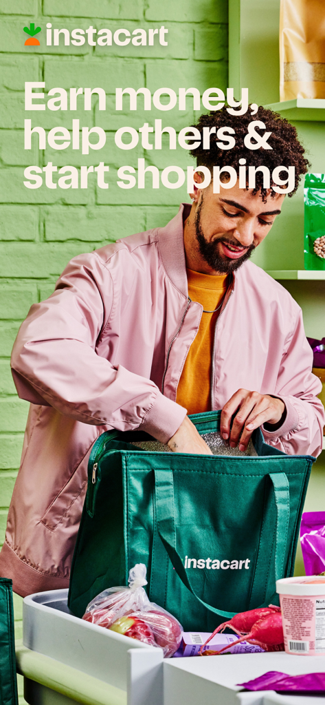 A man packing groceries into a green Instacart delivery bag
