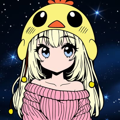 anime girl with chick shaped hat with sweater with bare shoulders with bangs covering them one eye with low tail