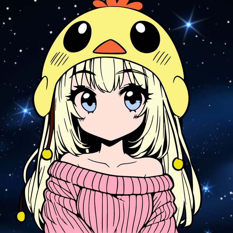 anime girl with chick shaped hat with sweater with bare shoulders with bangs covering them one eye with low tail