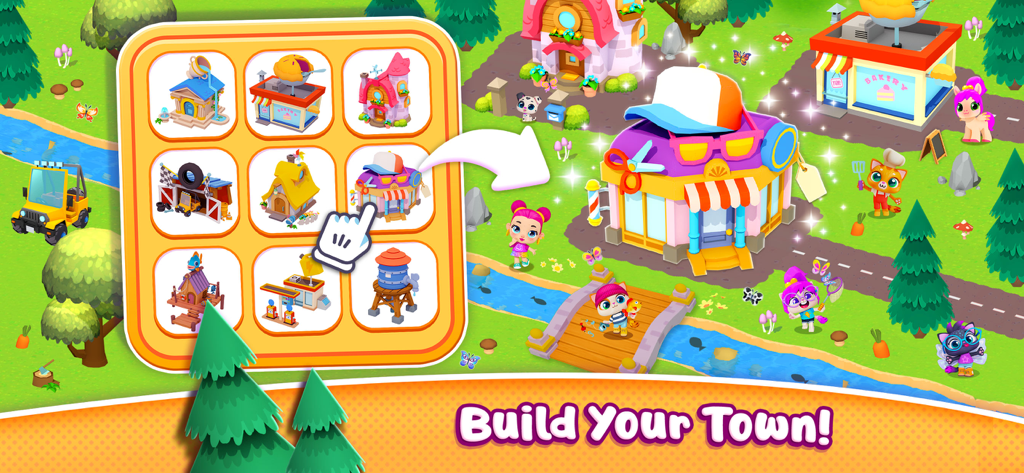 Pocket Town - Animal World - A menu showing different building options to construct and customize a colorful 3D town in Pocket Town Animal World