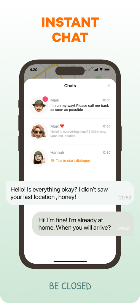 Find Location 앱에서 가족 커뮤니케이션을 보여주는 즉석 채팅 기능 스크린샷