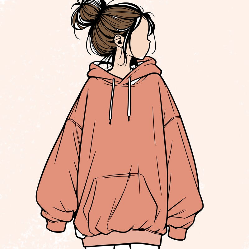 realistic girl with a oversized sweatshirt on and a bun