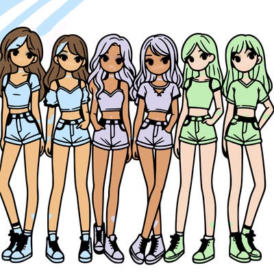 a group of girls wearing crop tops and shorts