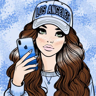 realistic beautiful girl wearing los ángeles cap holding an iphone