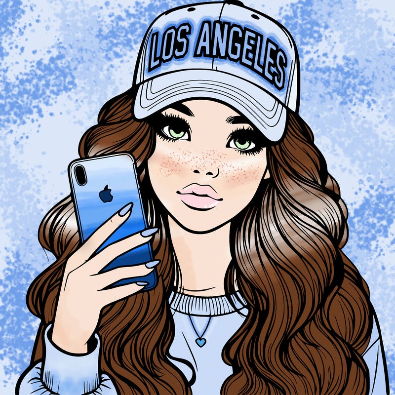 realistic beautiful girl wearing los ángeles cap holding an iphone