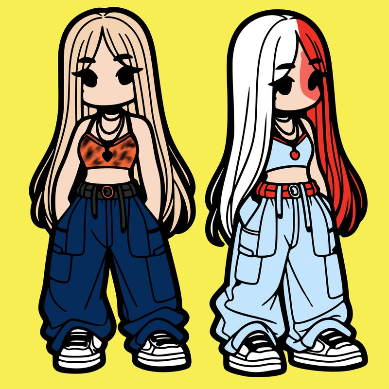 girl in baggy pants crop top and long hair