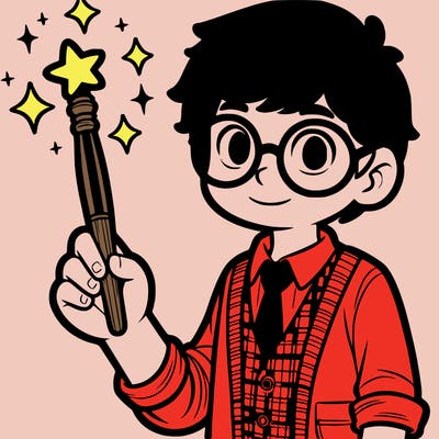 boy with glasses holding a magic wand