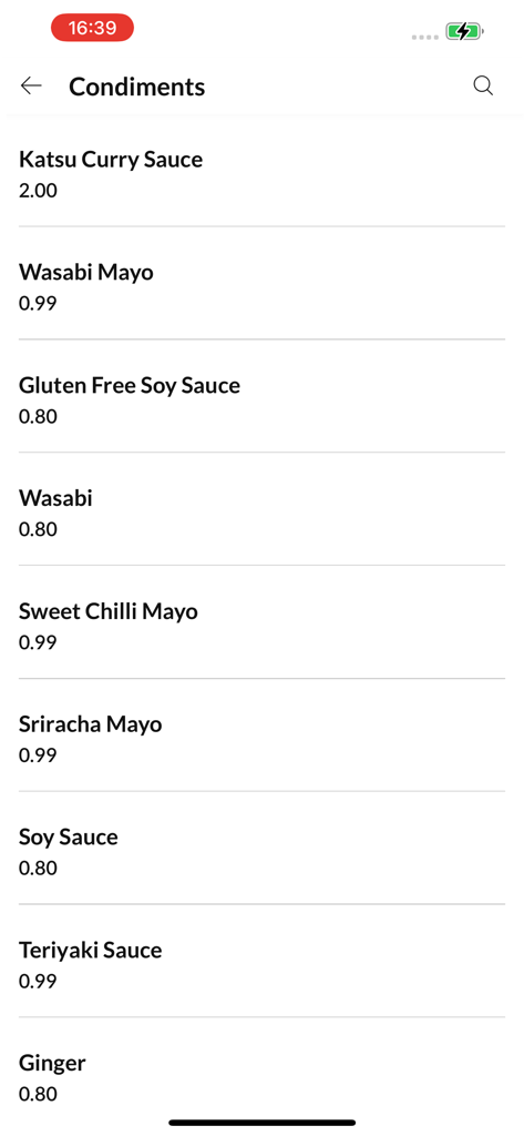 Zumu Sushi. - Tela de seleção de condimentos do aplicativo Zumu Sushi mostrando preços de molhos, gengibre e wasabi