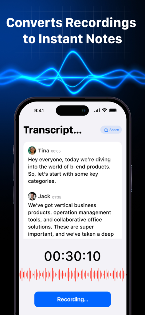 AI Note Taker-Voice to Notes ! - AI Note Taker app interface showing real time voice to text transcription from multiple speakers during a recording