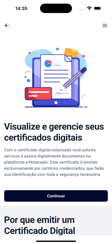 Screen of the e-notariado app explaining how to view and manage digital certificates for legal document signing.